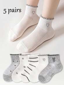 5双春夏新款蝴蝶结蕾丝网眼袜，透气婴儿袜，灰白条纹女童袜，简约百搭 - 彩色 - 查看 11