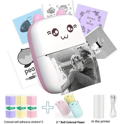 Wireless Thermal Mini Printer, Portable Inkless Sticker Printer, 200Dpi, USB Rechargeable, For Study Notes, List, Picture, DIY Gifts, School, Office, Home