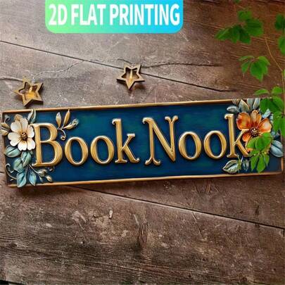 2D-bild - 1 st. kreativ "bokhörna" väggdekor i järn, 40x4 cm, rustik blom- och stjärndesign, hållbar konstdekoration i järnmetall inomhus/utomhus, lämplig för Halloween, jul, nyår, biblioteksdekor för hemmakontor, present till bokälskare, 2D-bild