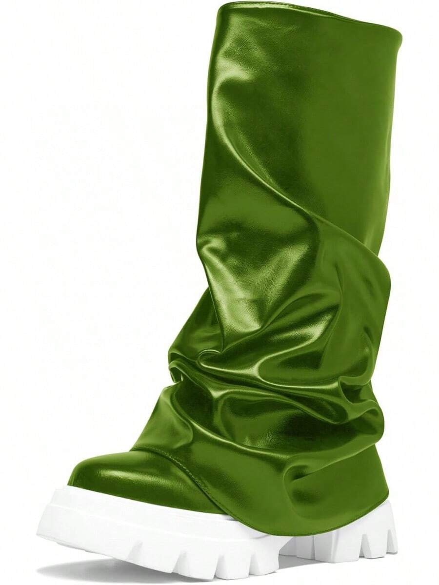 Women's Platform Round Toe Mid Calf Boots With Chunky Heel - M-green - View 1