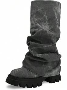 Women's Platform Round Toe Mid Calf Boots With Chunky Heel - Denim Grey - View 12