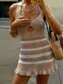 Đầm hè xếp tầng Live To Mo dành cho nữ, màu trắng kẻ sọc, dây đeo móc len, kiểu dáng ngắn, thích hợp cho kỳ nghỉ biển, tiệc tùng và mặc thường ngày. - Màu Khaki - Xem 4