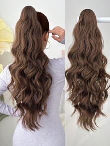 HEYPINK 24英寸超长波浪卷曲合成假发马尾辫，棕色渐变至酒红色，爪夹式马尾辫接发，适合女性参加派对和日常佩戴。 - 黑棕色 - 查看 4