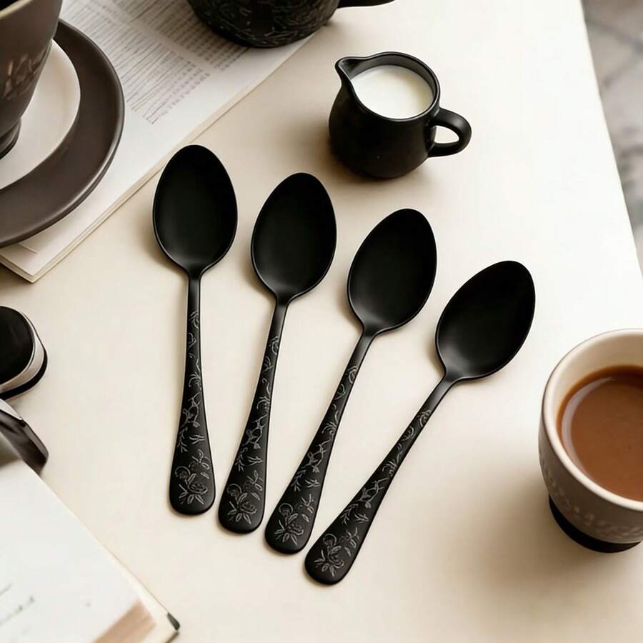 Bộ 4/8 thìa cà phê bằng thép không gỉ đen cao cấp, bộ dao nĩa bằng thép không gỉ họa tiết hoa sáng tạo, thìa tráng miệng và thìa trà được đánh bóng như gương, thích hợp cho nhà bếp, phòng ăn và quán cà phê. Tuyệt vời làm quà tặng Halloween, Giáng sinh, Ngày Valentine, sinh nhật. - màu đen - Xem 1