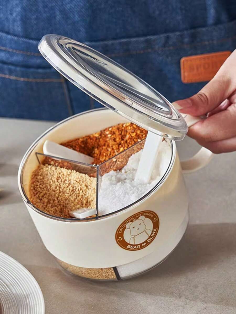 Minimalist Cream Style 3-Compartment Seasoning Box With Spoon & Handle, Multi-Grid Spice Jar Set For Salt Sugar Storage, Moisture-Proof Sealed Condiment Container, Stackable Kitchen Organization & Storage Jar, Aesthetic Cute Bear Print Spice Rack Accessories, Convenient One-Hand Operation Bottle - White - View 1