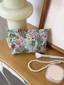 1 PC/Set Pink Green Floral Jacquard Embroidery Women Girl Makeup Pouch Make Up Bag Portable Large Capacity Cosmetic Bag With Zipper,For Travel And Vacation Essentials,For Sanitary Napkins,Keys,Hair Accessories,Charger,Lipsticks,Cosmetics,Perfume,Makeup Brush Holder Organizer Storage Bag,For Skin Care And Beauty Products,For Women,Students,School Girls,For Birthday Gifts,Friends Gift,Holiday Gift - Green - View 14