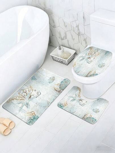 1pc/3pcs Light Blue Wooden Starfish Pattern Flannel Printed Bathroom Mat, Soft Absorbent Non-Slip Bathroom Rug, Includes Toilet Lid Cover, U-Shaped Toilet Mat And Bathroom Floor Mat - Flannel + Polyester, Washable, Suitable For Bathroom Shower Area, Vanity Area, Living Room Entrance, Home Use, Bathroom Decor Carpet, Multi-Purpose Mat, Durable All Season Mat, Decorative Bathroom Rug To Add Ambiance To Your Bathroom Space