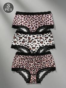 3 piezas Bragas de mujer sexy y cómodas con estampado de leopardo y encaje - Multicolor - Ver 1
