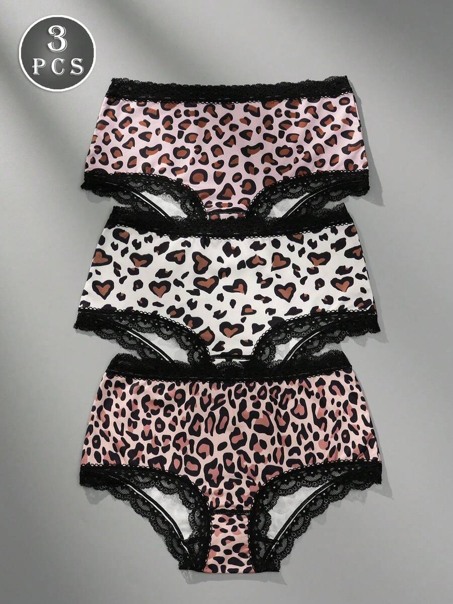 3 piezas Bragas de mujer sexy y cómodas con estampado de leopardo y encaje - Multicolor - Ver 1