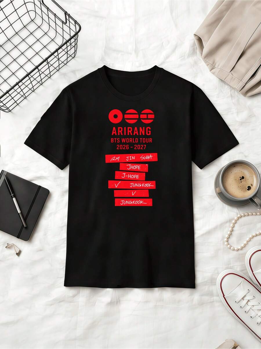 WORLD TOUR 2026-2027 'Arirang' Red & Black Tape Graphic Summer Cotton Casual Short Sleeve T-Shirt - 黑色 - 查看 1