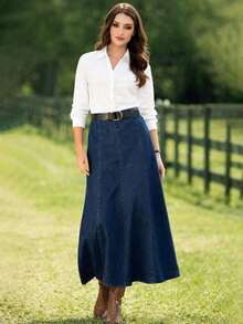 High Elastic Denim Mini Skirt, Washed Deep Blue Casual Spring - Màu xanh lam - Xem 3