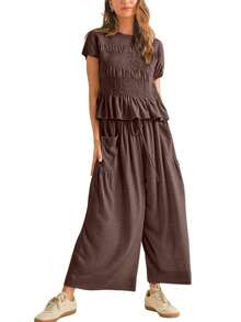 Women's Solid Color Two Piece Set 2026 Spring Summer Daily Loungewear Cropped Top High Waist Wide Leg Pants - 咖啡色 - 查看 3