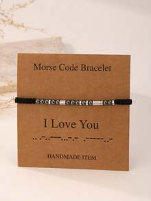 1条/2条黑色玛瑙串珠“我爱你”摩尔斯电码手链，附赠卡片 - 槍黑色 - 查看 6