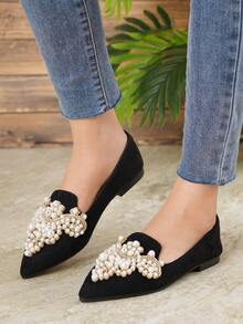 Women's Pointed Toe Retro Versatile Elegant Comfortable Casual Flat Shoes - Black - View 4