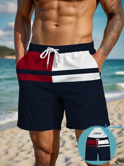 Pantalones cortos de verano para hombres con estampado impreso, cintura con cordón, bolsillo en diagonal, secado rápido de doble capa con forro de malla, estampado artístico 3D de color contrastante, ropa de playa casual y de moda