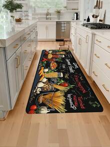 1pc Black Board Doodle Food Themed Kitchen Mat, Modern Minimalist Absorbent Quick-Dry Kitchen Carpet, Home Decor Carpet, Floor Covering, Runner Rug, Long Kitchen Mat, Entryway Non-Slip Mat, Kitchen Set Foot Pad, Waterproof Oil-Proof Mat, Food Ingredient Themed Kitchen Mat, Food Healing Home Decor, Kitchen Dirt-Resistant Essentials, Housewarming Dining & Kitchen Decor, Kitchen Stove, Sink Corridor Runner Rug, Suitable For Whole Kitchen & Dining Area - Food Illustrations - View 2