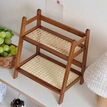 1 Pcs 2 Tier Matcha Station Shelf Bamboo Coffee Mug Stand Countertop Storage Rack, Double Layer Rattan Office Cup, Kitchen, Tea, Plant, Bar Accessories Condiment Display - 棕色 - 查看 1