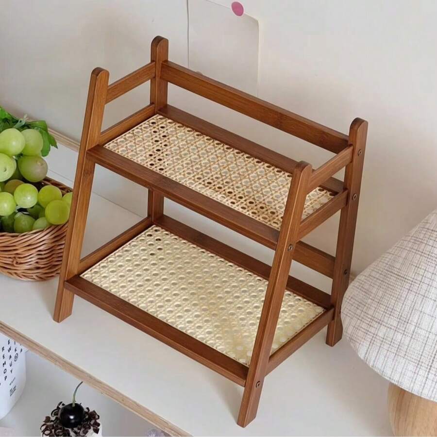 1 Pcs 2 Tier Matcha Station Shelf Bamboo Coffee Mug Stand Countertop Storage Rack, Double Layer Rattan Office Cup, Kitchen, Tea, Plant, Bar Accessories Condiment Display - 棕色 - 查看 1