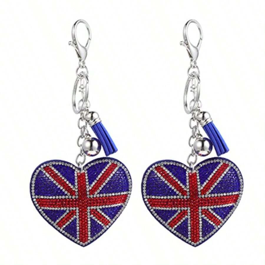 Union Jack Keychain 6.1 Inch Rhinestone Heart-Shaped Pendant British Flag Bag For Women Handbag Decoration Souvenir - 如圖所示 - 查看 1