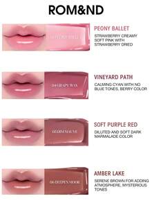 Rom&Nd Angel Glow 唇彩（Dim Mauve 色号），蕴含丰唇精华和鲜艳色素，打造如玻璃般光泽的丰唇效果，质地清爽不黏腻，持久保湿，提升唇部丰盈度，提亮唇色。 - 05 柔和紫紅 - 查看 8