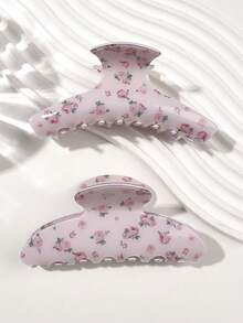 2个粉色玫瑰印花一体式半圆形亮面发爪夹，温柔少女法式浪漫风，百搭休闲发饰，适用于马尾辫、丸子头、刘海，夏季、度假、旅行 - 彩色 - 查看 4