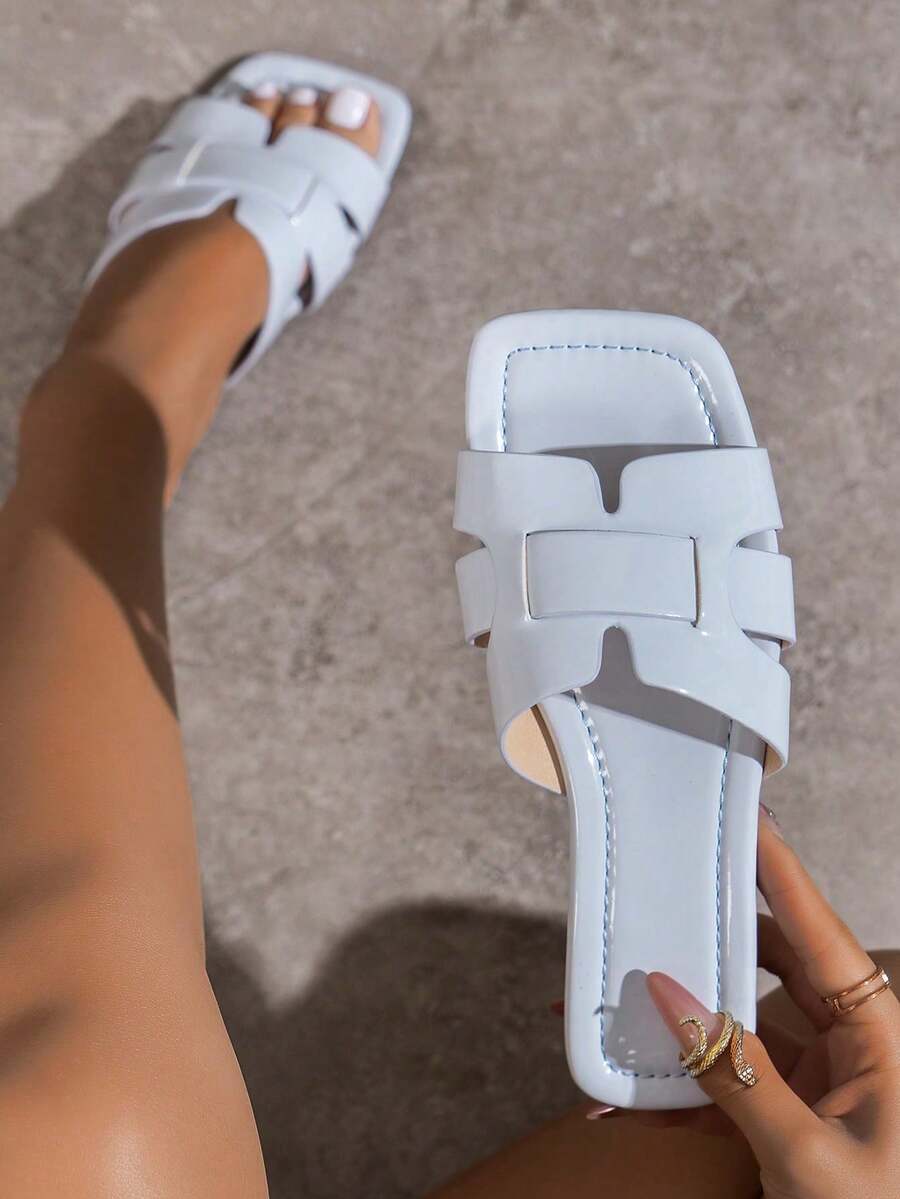 新款H型拖鞋，女士时尚休闲罗马式一脚蹬凉鞋，舒适平底拖鞋，黑色/米色/棕色，博主推荐，沙漠钥匙，法式优雅水钻厚底凉鞋，夏季沙滩鞋，简约室内外两用人字拖 - 淺藍色 - 查看 1