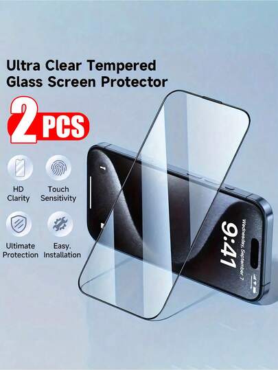 ZYONS 2pcs Super 9D Full Screen Full Glue High Definition Tempered Glass Screen Protector, 2.5D Scallop Trim 9H Hardness High Cost-Effective Tempered Glass Screen Protector, High Definition High Transparency Anti-Fingerprint Anti-Scratch Anti-Drop, Oleophobic Coating Protects Phone Screen, Suitable For IPhone17 Pro Max/17 Air/17E/16 Pro Max/16E/16 Plus/15/15Plus/15Pro/15Pro Max/14/14Plus/14Pro/14Pro Max/13/13Mini/13Pro/13Pro Max/12/12Mini/12Pro/12Pro Max/11/11Pro/11Pro Max/X/XS/XS Max/8/8Plus/7/7Plus, Anti-Drop Anti-Scratch Anti-Fingerprint Screen Protector