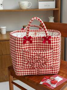 Minimalist Plaid Quilted Bow Decor Large Capacity Laundry Basket, Suitable For Home Use All Year Round For Bedroom Storage Box Clothes Storage Clothes Bag Travel Essentials - Multicolor - View 8