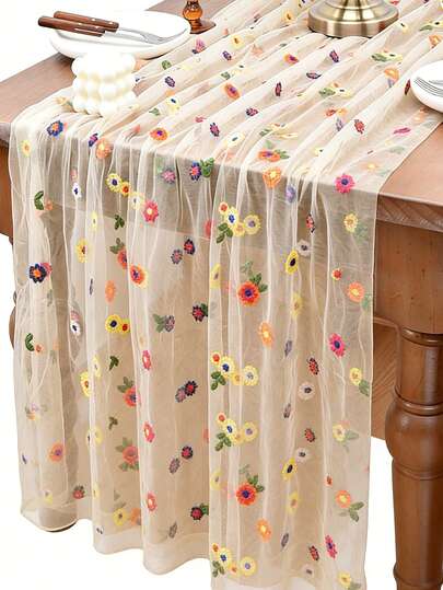 1Pc This Embroidered Table Runner Features Colorful Small Flower Patterns On A Semi-Transparent Mesh Fabric,Creating A Simple And Fresh Style.  The Floral Pattern Makes This Sheer Table Runner Suitable For All Seasons,And It's Perfect For Decorating Dining Tables In Bedrooms,Living Rooms,Parties,And Weddings.