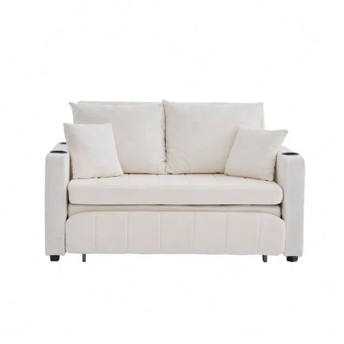 Multifunctional Fabric Sofa, Convertible Sofa Bed, Small Two-Function Living Room Sofa, Removable And Washable Cover, With Storage Bag, Port And Cup Holder. - 米色 - 查看 1