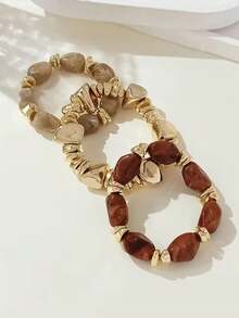 3pcs European And American Fashion Asymmetrical Tie Dye Resin Elastic Bracelet, Matte Metallic Texture Niche Bangle For Women - Multicolor - View 3