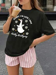 1 Pack Girls Casual Printed Crew Neck Short Sleeve T-Shirt Summer Student Youth Clothing - 黑色2 - 查看 1