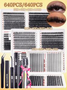 Bộ nối mi 640/640/608 sợi, bộ tự làm nối mi, từng sợi mi riêng lẻ, bộ nối mi cong chữ D, bao gồm keo dán, chất làm kín và dụng cụ nối mi, thích hợp sử dụng hàng ngày, khi đi du lịch, cho người mới bắt đầu, đám cưới, hẹn hò, tiệc tùng, ngày lễ, tuyệt vời cho Giáng sinh/Halloween/làm quà tặng. - Nhiều màu - Xem 3