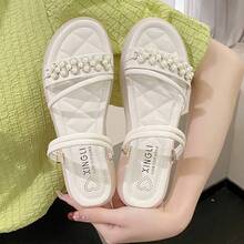 Chanclas de mujer con tiras finas, perlas, puntera redonda y suela gruesa para el verano - Beis - Ver 3