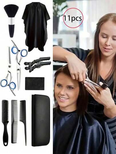 11pcs Professional Hair Coloring & Cutting Tool Set, Including Thinning Scissors, Straight Scissors, Multi-Functional Hairdressing Tools, Suitable For Salon, Home Use, Comes With Hair Clips, Storage Bag, Cutting Cape, Comb, Scissors