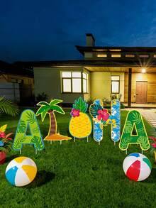 5件/1件 Aloha 庭院裝飾牌 Aloha 衝浪板標誌，夏威夷 Aloha 標誌套組－鮮豔熱帶設計，含棕櫚樹、鳳梨與花卉，耐用塑膠庭院裝飾，適用草坪、露台或花園，戶外裝飾 - A - 查看 2
