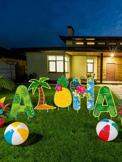 Bộ 5 biển hiệu Aloha Beach - Thiết kế nhiệt đới sống động với cây cọ, dứa và hoa, đồ trang trí ngoài trời bằng nhựa bền chắc cho bãi cỏ, sân hiên hoặc khu vườn.