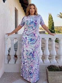 Astrid Plus Size Marble Print Long Loose Casual Dress Vacation Elegant Summer - Purple - View 3
