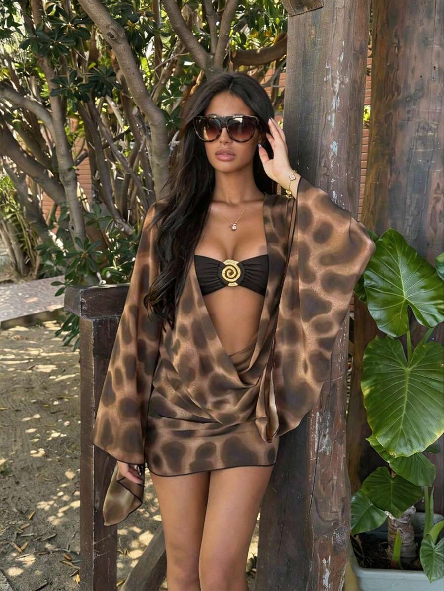 Women's Fashion Beach Outfit, Irregular Polka Dot Tie Dye Print Mesh Hollow Draped Coverup, Solid Black Bandeau Bikini Top, Metal Spiral Ring Decor 3-Piece Set, Elegant Beach Party Travel Outfit, Backless Suit For Spring/Summer Holiday - Coffee Brown - View 1