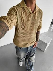 春夏新款男士镂空针织Polo衫，复古做旧质感短袖休闲套头衫 - 卡其色 - 查看 4