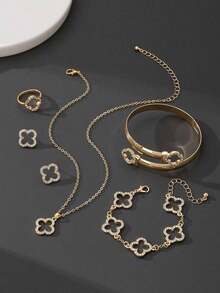 1 Set de joyería de moda que incluye 1 collar con colgante de trébol hueco, 1 par de aretes, 1 anillo, 1 pulsera, 1 brazalete, diseño elegante de lujo - Oro amarillo - Ver 4