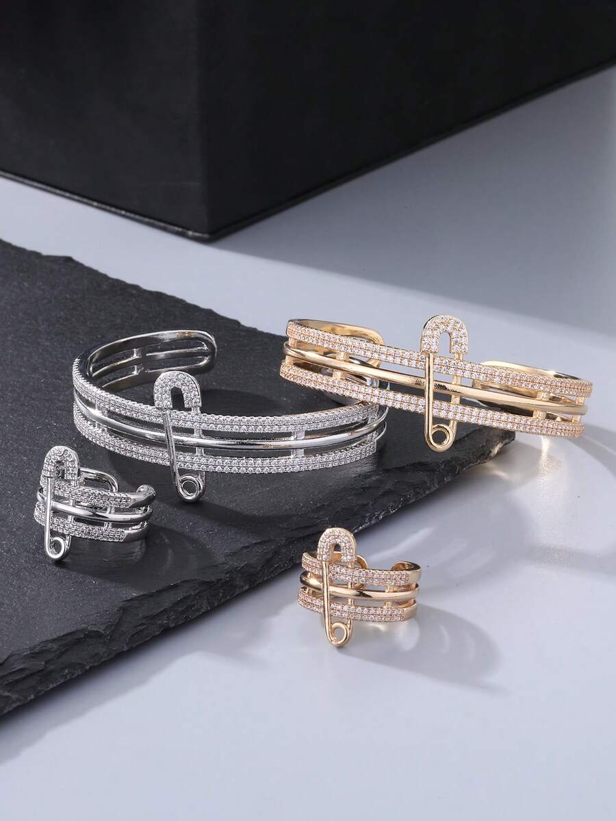 Bộ 1 chiếc vòng tay và nhẫn nữ đính đá Cubic Zirconia thời trang, thiết kế ghim cài, thích hợp đeo hàng ngày, quà tặng cho phái nữ, quà tặng dịp Eid Al-Fitr & Eid Al-Adha, phân phối sỉ. - ghim - Xem 1