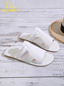 女士凉鞋，白色简约平底露趾拖鞋，夏季必备 - 白色 - 查看 4