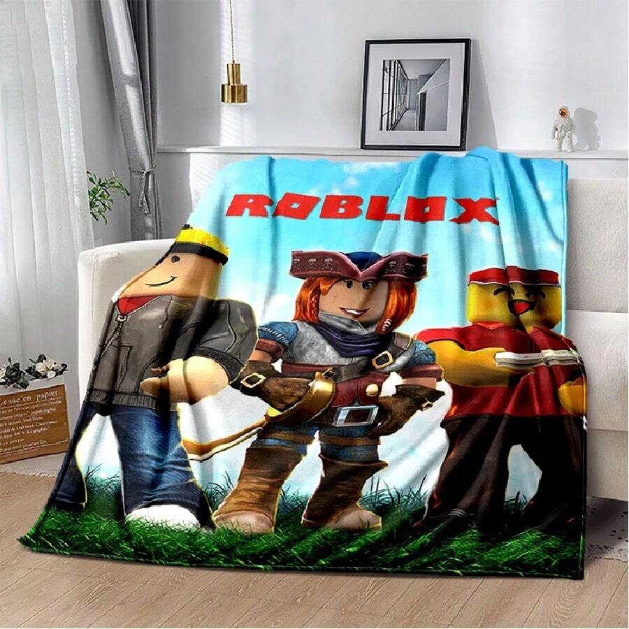 3D Cartoon R-Robloxs Game Flannel Blanket Soft Warm Throw Blanket For Bedroom Living Room Bed Travel Camping Picnic Gift(6).Jpg - 白色 - 查看 1