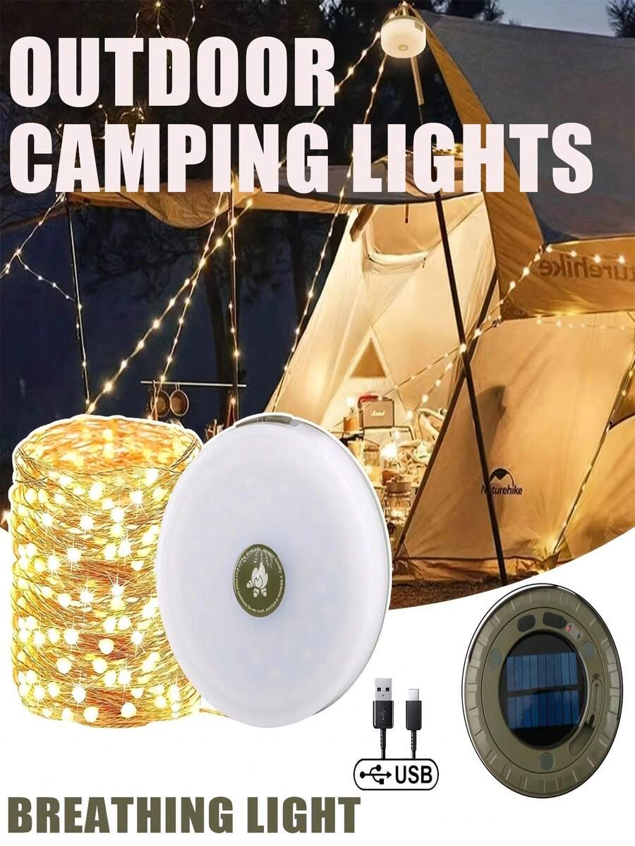 4-In-1 Outdoor Solar Lights, 10M Waterproof String Lights With Retractable Design, LED Flashlight And Camping Lantern Hooks, Warm White Mood Lights For Camping Tents And Yard Decor