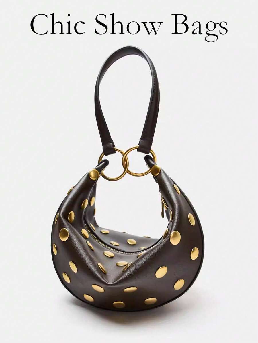 Túi xách hình lưỡi liềm màu cà phê cổ điển | Túi Hobo đính chấm vàng cho nữ | Túi đeo vai có quai xách phía trên - Cà phê - Xem 1