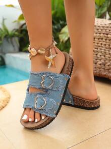 Sandal Datar Wanita Modis, Sol Lembut, Ringan, Dapat Diatur, Gesper Ganda, Sol Tebal - Cocok untuk Dipakai di Dalam, Luar Ruangan, dan Pantai, Musim Semi/Panas - Baby Blue - View 6