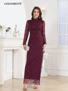 Luxury Elegant Purple Sequin Beaded Stand Collar Long Sleeve Evening Gown, Suitable For Party, Wedding, New Year, Thanksgiving - Purple - View 5