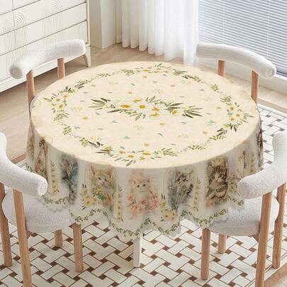Khăn trải bàn họa tiết hoa cúc và mèo dễ thương - Được làm từ sợi polyester chống thấm nước và chống bám bẩn, hoàn hảo cho trang trí mùa xuân và mùa hè, quà tặng Ngày của Mẹ và đám cưới, sử dụng trong nhà/ngoài trời, và là món quà lý tưởng cho nhà bếp và phòng ăn gia đình.