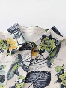 2pcs Vintage Print Set, Comfortable & Versatile, With Lapel Wide-Leg Pants; Suitable For Airport, Island Vacation Or Daily Shopping Spring - 橄欖綠 - 查看 5